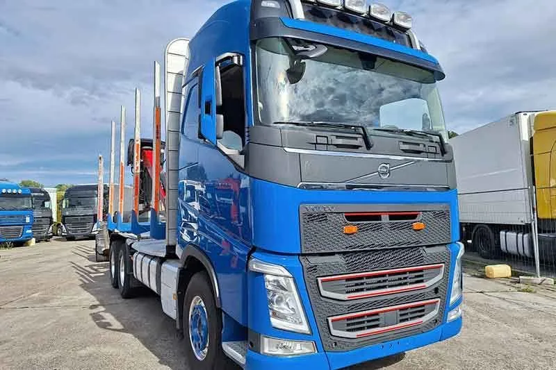 Blauer Volvo FH Holztransporter mit Kran