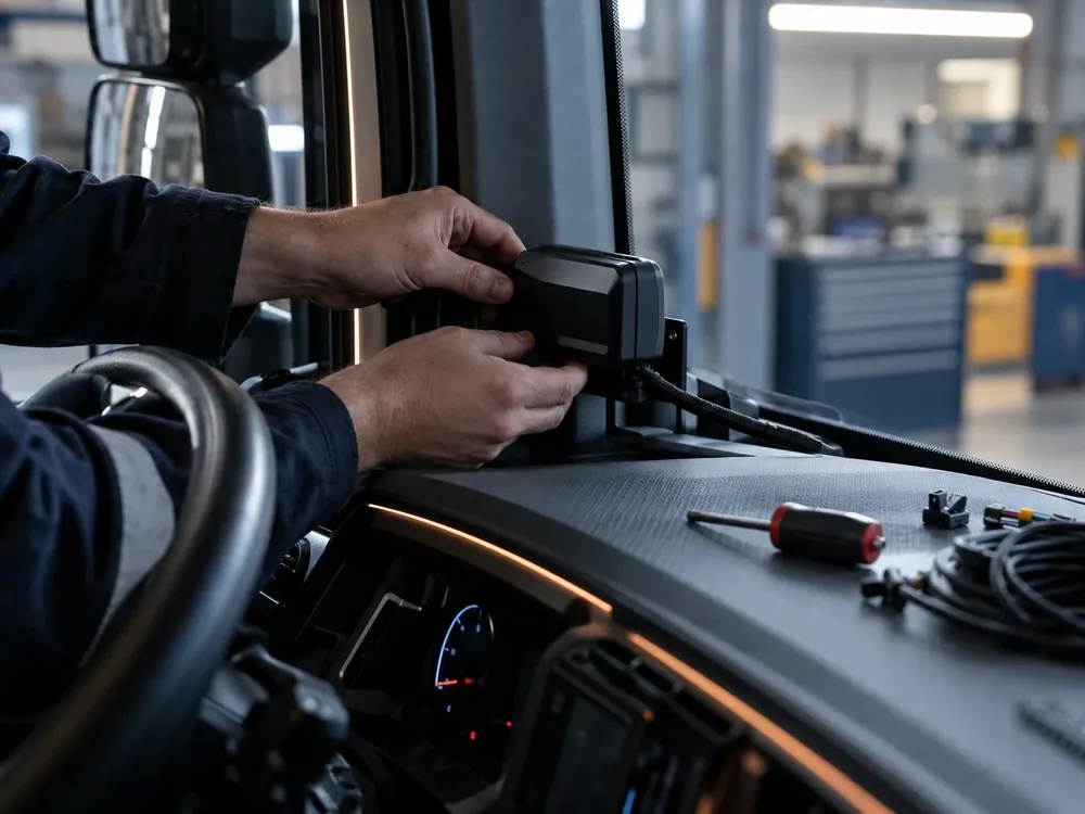 Hände eines Technikers bauen ein Mautgerät im Führerhaus eines Lkw ein